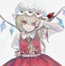 Rule 34 | 1girl, absurdres, blonde hair, collared shirt, crystal, dress, fang, flandre scarlet, frilled shirt collar, frills, hand up, hat, highres, looking at viewer, medium hair, mob cap, nail polish, neckerchief, one side up, puffy short sleeves, puffy sleeves, qiqiqiqi, red dress, red eyes, red nails, shirt, short sleeves, simple background, slit pupils, smile, solo, swept bangs, thumbs down, touhou, upper body, white background, white hat, white shirt, wings, yellow neckerchief