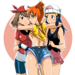 Rule 34 | 3girls, bandana, beanie, bike shorts, grabbing another&#039;s breast, breasts, creatures (company), dawn (pokemon), denim, denim shorts, game freak, grabbing, hat, may (pokemon), medium breasts, misty (pokemon), multiple girls, nintendo, pokemon, pokemon (anime), shorts, small breasts, spandex, suspenders, takaya n, yuri