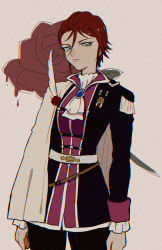 Rule 34 | 1girl, arms at sides, back arrow, blue eyes, brooch, brown hair, cape, clenched hand, feathers, flower, hair between eyes, highres, iyo (despair), jewelry, jpeg artifacts, long sleeves, looking at viewer, medal, prax conrad, short hair, solo, standing, uniform, white background, white cape, white neckwear