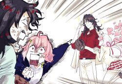 Rule 34 | 2boys, 2girls, anger vein, angry, baseball glove, belt, black belt, black hair, blue jacket, blue shirt, blush, cardigan, commentary request, emphasis lines, formal, heart, heart-shaped eyes, highres, jacket, long hair, motion lines, mouth hold, multicolored hair, multiple boys, multiple girls, nijisanji, nijisanji en, no pupils, open mouth, pants, pink hair, red hair, red shirt, red skirt, sasaki saku, sasaki saku (1st costume), school uniform, shaded face, shiina yuika, shiina yuika (1st costume), shirt, short hair, simple background, skirt, sparkle, stalk in mouth, streaked hair, suit, sweat, sweatdrop, thighhighs, trembling, virtual youtuber, vox akuma, vox akuma (1st costume), white background, white jacket, white pants, white shirt, white suit, white thighhighs, wig, yakushijima, yashiro kizuku