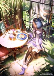 Rule 34 | 1girl, black thighhighs, blue hair, blush, boots, chair, chippu, cinkai, food, fork, fruit, green hair, highres, holding, holding fork, looking at another, nano mikusu, open mouth, original, pancake, short hair, sitting, smile, strawberry, table, thighhighs, tiara, whipped cream, window