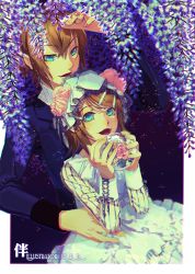 Rule 34 | 1boy, 1girl, artist name, black jacket, blonde hair, blue eyes, brother and sister, collar, commentary, dress, floral print, flower, formal, frilled dress, frills, hair flower, hair ornament, hairclip, hand on another&#039;s waist, hand up, hands up, holding, holding orb, jacket, kagamine len, kagamine rin, layered dress, looking at another, open mouth, pink flower, pink rose, plant, purple flower, rose, siblings, smile, suit, swept bangs, twins, vines, vocaloid, w.r.b, white collar, white dress, white flower, wisteria