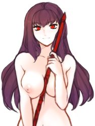 Rule 34 | 1girl, absurdres, between breasts, breasts, breasts squeezed together, collarbone, fate/grand order, fate (series), hair between eyes, highres, long hair, looking at viewer, medium breasts, nipples, nude, polearm, purple hair, red eyes, scathach (fate), smile, solo, spear, transparent background, tridisart, upper body, weapon