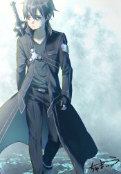Rule 34 | 1boy, absurdres, artist name, belt, black belt, black coat, black eyes, black gloves, black hair, black pants, black shirt, chama kou, closed mouth, coat, elucidator, feet out of frame, fingerless gloves, gloves, high collar, highres, kirito, long sleeves, looking away, male focus, open clothes, open coat, pants, shirt, short hair, signature, solo, standing, sword, sword art online, weapon, weapon on back