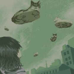 Rule 34 | 1girl, animal, black hair, building, cat, city, daisen (specialdaisen), dithering, floating, grey theme, looking down, looking up, original, overcast, oversized animal, pixel art, scenery, sky, solo