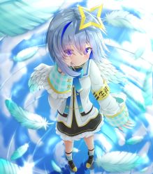 Rule 34 | 1girl, absurdres, amane kanata, angel wings, armband, blush, bob cut, boots, colored inner hair, commentary request, eyes visible through hair, feathers, full body, hair ornament, halo, highres, hololive, multicolored hair, purple eyes, ripples, school uniform, short hair, single hair intake, smile, solo, star halo, virtual youtuber, wings