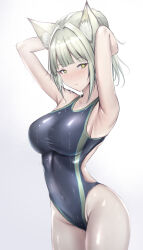 Rule 34 | 1girl, absurdres, animal ear fluff, animal ears, arknights, armpits, arms up, black one-piece swimsuit, blunt bangs, blush, breasts, cat ears, closed mouth, competition swimsuit, covered navel, cowboy shot, grey hair, highres, kal&#039;tsit (arknights), large breasts, looking at viewer, material growth, one-piece swimsuit, oripathy lesion (arknights), poni (poni arknights), short hair, simple background, solo, swimsuit, wet, wet clothes, wet swimsuit, white background, yellow eyes
