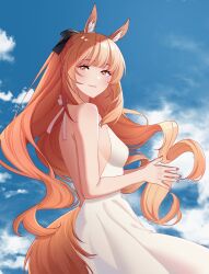 Rule 34 | 1girl, absurdres, animal ears, arknights, avi (baltika seven), backless dress, backless outfit, black bow, blemishine (arknights), blonde hair, blue sky, bow, breasts, cloud, dress, hair bow, highres, horse ears, horse girl, horse tail, lips, looking at viewer, outdoors, photo background, ponytail, sideboob, sky, sleeveless, sleeveless dress, small breasts, solo, tail, white dress, yellow eyes