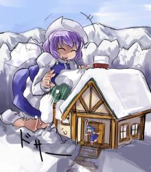 Rule 34 | 2girls, ?, blue hair, bow, cirno, closed eyes, female focus, giant, giantess, hair bow, hat, hirosato, house, letty whiterock, multiple girls, open mouth, perfect cherry blossom, purple hair, short hair, smile, snow, touhou