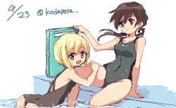 Rule 34 | 2girls, :d, ass, bad id, bad twitter id, black ribbon, blonde hair, blue eyes, bob cut, brown eyes, brown hair, covered navel, dated, erica hartmann, gertrud barkhorn, hair ribbon, hands on another&#039;s thighs, kodamari, long hair, looking at another, multiple girls, one-piece swimsuit, open mouth, partially submerged, pool, ribbon, short hair, smile, strike witches, swimsuit, twintails, twitter username, water, wet, world witches series