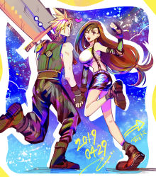 Rule 34 | 1boy, 1girl, armor, bare shoulders, black skirt, blonde hair, blue eyes, boots, breasts, brown hair, buster sword, cloud strife, couple, crop top, dated, detached sleeves, final fantasy, final fantasy vii, fingerless gloves, full body, gloves, heart, highres, holding, holding hands, holding weapon, huge weapon, large breasts, long hair, looking at another, looking at viewer, low-tied long hair, maruga, one eye closed, red eyes, red footwear, shoulder armor, skirt, spiked hair, standing, standing on one leg, suspender skirt, suspenders, tank top, tifa lockhart, weapon, white tank top