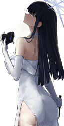 Rule 34 | 1girl, absurdres, ass, blue archive, blue halo, blunt bangs, choker, closed mouth, d.c. (dc), dress, elbow gloves, from behind, gloves, halo, highres, holding, holding knife, knife, looking back, official alternate costume, profile, saori (blue archive), saori (dress) (blue archive), simple background, solo, strapless, strapless dress, white background, white choker, white dress, white gloves