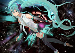 Rule 34 | 1girl, anklet, aqua eyes, aqua hair, artist request, bad id, bad pixiv id, barefoot, belt, bridal gauntlets, elbow gloves, female focus, fingerless gloves, gloves, hatsune miku, hatsune miku (append), highres, jewelry, long hair, modae, necktie, smile, solo, space, toeless legwear, toes, twintails, very long hair, vocaloid, vocaloid append