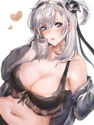 Rule 34 | 1girl, blue eyes, blush, breasts, cleavage, collarbone, hair ornament, headband, heart, highres, inusaka, jacket, kantai collection, large breasts, long hair, midriff, navel, silver hair, simple background, sleeves past fingers, sleeves past wrists, solo, suzutsuki (kancolle), sweatdrop, swimsuit, upper body, white background