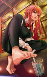 Rule 34 | 1girl, bar (place), barefoot, bartender, between toes, feet, glass, highres, long hair, looking at viewer, parted lips, red eyes, red hair, soles, straw, suou makoto