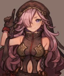 Rule 34 | 1girl, asymmetrical gloves, bare shoulders, breasts, brown background, chiroru (tyrol009), cinderella (sinoalice), closed eyes, closed mouth, dark-skinned female, dark skin, gloves, hair over one eye, long hair, looking at viewer, mismatched gloves, navel, purple eyes, purple hair, simple background, sinoalice, sleeveless, smile, solo, wavy hair