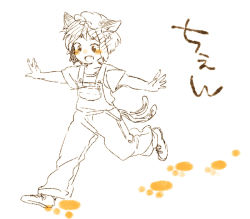 Rule 34 | 1girl, alternate costume, animal ears, cat ears, cat girl, cat tail, chen, contemporary, female focus, footprints, hat, meeko, monochrome, multiple tails, open mouth, outstretched arms, overalls, paw print, running, smile, solo, spot color, spread arms, suspenders, tail, touhou