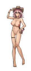 Rule 34 | 1girl, absurdres, alternate breast size, arknights, arm up, barefoot, blush, bracelet, braid, breasts, bright pupils, brown eyes, brown hat, closed mouth, collarbone, commission, cowboy hat, dierbeibanjia, ears through headwear, gravel (arknights), hair between eyes, hand on headwear, hand on own hip, hat, highres, jewelry, large breasts, long hair, looking at viewer, navel, nipples, no pussy, nude, simple background, single braid, smile, solo, stomach, thigh strap, very long hair, white background