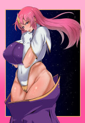 Rule 34 | 1girl, blush, breasts, cameltoe, cleft of venus, covered navel, curvy, female focus, floating hair, gloves, groin, gundam, gundam seed, gundam seed destiny, hands on own chest, hands up, highres, huge breasts, legs, legs together, leotard, light blush, long hair, looking at viewer, meer campbell, mole, mole under eye, mole under mouth, mucc (ren0522), own hands together, parted lips, pink hair, purple eyes, seductive smile, smile, solo, space, standing, sweat, thick thighs, thighs, uniform, white gloves