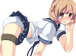 Rule 34 | 10s, 1girl, bad id, bad pixiv id, bandaid, bandaid on face, bent over, brown hair, clothes lift, fang, kantai collection, looking at viewer, midriff peek, oboro (kancolle), open mouth, panties, purple eyes, skirt, skirt lift, solo, soo, underwear, upskirt, white panties