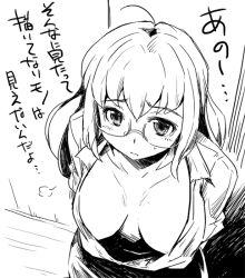 Rule 34 | 1girl, blush, breasts, downblouse, glasses, greyscale, kubocha, large breasts, monochrome, original, solo, translation request