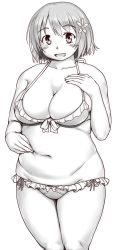 Rule 34 | 1girl, belly, belly grab, bra, breasts, cleavage, collarbone, curvy, fat, fat rolls, hair ornament, hand on own chest, hand on own stomach, highres, idolmaster, idolmaster cinderella girls, large breasts, looking at viewer, mimura kanako, navel, open mouth, orizen, panties, plump, short hair, side-tie panties, smile, solo, underwear