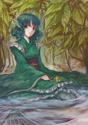 Rule 34 | 1girl, alternate eye color, blue hair, curly hair, dress, fins, head fins, hideki, japanese clothes, leaf, mermaid, monster girl, partially submerged, plant, red eyes, solo, touhou, wakasagihime