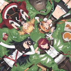 Rule 34 | 4girls, animal ears, arknights, arms behind head, bad id, bad pixiv id, cellphone, circle formation, closed eyes, croissant, croissant (arknights), exusiai (arknights), fingerless gloves, food, from above, gloves, grass, gun, hand on forehead, highres, horns, jacket, kataokasan, lying, multiple girls, name tag, on back, one eye closed, phone, pie, pocky, selfie, sora (arknights), submachine gun, tail, texas (arknights), v, weapon, wings