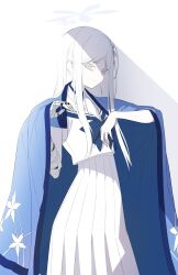 Rule 34 | 1girl, absurdres, blue archive, closed mouth, grey eyes, hair ornament, halo, haori, highres, hoshirapu, japanese clothes, long hair, looking at viewer, nagusa (blue archive), pleated skirt, sailor collar, school uniform, serafuku, simple background, skirt, solo, white hair, white sailor collar