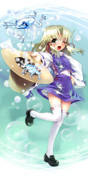Rule 34 | 1girl, :d, ;d, blonde hair, bubble, female focus, foreshortening, frog, full body, gradient background, hand on own hip, hat, unworn hat, unworn headwear, hip focus, katahira masashi, loafers, looking at viewer, mary janes, moriya suwako, one eye closed, open mouth, petticoat, shoes, smile, solo, standing, standing on one leg, thighhighs, touhou, underwater, white thighhighs, wink, yellow eyes, zettai ryouiki