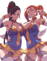 Rule 34 | 2girls, arado balanga (xchd7538), bad id, bad pixiv id, black hair, breasts, brown hair, cleavage, detached sleeves, divine bustier (dq), dragon quest, dragon quest viii, dragon quest xi, earrings, flower, garter straps, hair flower, hair ornament, highres, jessica albert, jewelry, looking at viewer, martina (dq11), multiple girls, ponytail, smile, square enix, thighhighs, twintails, v