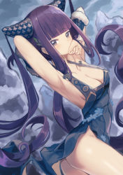 Rule 34 | 1girl, armpits, arms up, bare shoulders, black dress, blue eyes, blunt bangs, blush, breasts, china dress, chinese clothes, cleavage, detached sleeves, dress, fate/grand order, fate (series), hair ornament, large breasts, leaf hair ornament, long hair, looking at viewer, purple hair, side slit, sidelocks, thighs, twintails, tyone, very long hair, yang guifei (fate), yang guifei (second ascension) (fate)