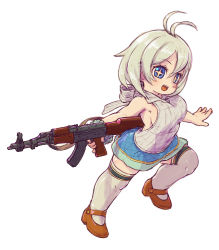 Rule 34 | .live, 1girl, ak-47, assault rifle, back bow, blonde hair, blue eyes, blue skirt, blush, bow, breasts, brown footwear, clothing request, commentary request, dennou shoujo siro, dot nose, feral lemma, finger on trigger, from side, full body, gun, gun sling, hair between eyes, highres, holding, holding gun, holding weapon, kalashnikov rifle, looking at viewer, looking to the side, magazine (weapon), medium hair, open mouth, outstretched arms, rifle, shoes, sideboob, simple background, skipping, skirt, sleeveless, solo, tareme, thighhighs, virtual youtuber, weapon, white background