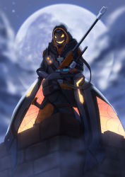 Rule 34 | 1girl, ana (overwatch), cloud, cloudy sky, fog, full body, full moon, ghoul ana, glowing, glowing eyes, glowing mouth, gun, halloween, halloween costume, holding, holding gun, holding weapon, hood, mask, moon, night, official alternate costume, outdoors, overwatch, overwatch 1, rifle, sitting, sky, sniper rifle, solo, weapon, whitem (whiteemperor2020)