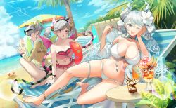 Rule 34 | 3girls, :o, ;d, alternate costume, anklet, arianna the labrynth servant, arianne the labrynth servant, bare shoulders, barefoot, beach, beach chair, beach umbrella, bikini, bikini skirt, black bikini, black hairband, blue sky, blush, breasts, choker, cleavage, closed mouth, cloud, collarbone, commentary request, crab, day, demon girl, demon horns, demon wings, double bun, duel monster, earrings, eyewear on head, facial mark, full body, gluteal fold, green eyes, green tail, green wings, grey eyes, grey hair, hair between eyes, hair bobbles, hair bun, hair ornament, hairband, head rest, heart, heart earrings, highres, holding, holding spoon, holding swim ring, horns, hsin, innertube, jacket, jewelry, kneeling, large breasts, looking at viewer, lovely labrynth of the silver castle, low wings, lying, medium breasts, multiple girls, multiple wings, nail polish, navel, ocean, off shoulder, on back, one eye closed, open clothes, open jacket, open mouth, outdoors, palm tree, parfait, pink bikini, pink eyes, pink skirt, pink tail, pink wings, pointy ears, see-through, see-through jacket, shadow, sidelocks, skirt, sky, smile, spoon, squatting, stomach, sunglasses, swim ring, swimsuit, table, tail, thigh strap, transparent wings, tree, twintails, umbrella, v, white bikini, white choker, white hair, white jacket, wings, wrist wrap, wristband, yu-gi-oh!