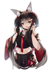 Rule 34 | 1girl, :d, alternate hairstyle, animal ear fluff, animal ears, backlighting, bell, black hair, black skirt, breasts, commentary, cowboy shot, crop top, detached sleeves, eyelashes, fang, floral print, hair between eyes, hair ornament, highres, holding, holding hair, hololive, kouhaku nawa, long hair, looking at viewer, majo (pastamajo), medium breasts, midriff, multicolored hair, navel, ookami mio, ookami mio (1st costume), open mouth, pleated skirt, red hair, red neckwear, rope, shimenawa, simple background, skirt, smile, solo, streaked hair, twintails, two-tone hair, virtual youtuber, white background, wide sleeves, wolf ears, yellow eyes