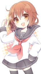 Rule 34 | 10s, 1girl, brown eyes, brown hair, commentary request, fang, hair ornament, hairclip, hand on own hip, highres, ikazuchi (kancolle), kantai collection, looking at viewer, neckerchief, open mouth, ro (igris-geo), school uniform, serafuku, short hair, skirt, smile, solo, thighhighs