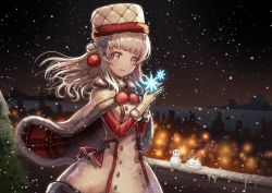 Rule 34 | 1girl, blush, capelet, christmas, cityscape, dress, fur-trimmed capelet, fur-trimmed dress, fur-trimmed gloves, fur-trimmed headwear, fur trim, gloves, grey hair, hair bun, hair ornament, hairclip, hands up, highres, long hair, looking at viewer, natsutomoki, night, octagram, open mouth, original, outdoors, pentagram, pom pom (clothes), purple eyes, single hair bun, smile, snow, snow rabbit, snowflakes, snowing, snowman, solo, star (symbol), tree, upper body, winter, winter clothes