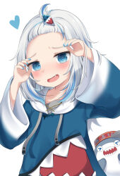 Rule 34 | 1girl, absurdres, animal costume, bloop (gawr gura), blue eyes, blue hair, blue hoodie, blue nails, blunt bangs, forehead, gawr gura, gawr gura (1st costume), hair ornament, highres, hololive, hololive english, hood, hoodie, looking at viewer, medium hair, multicolored hair, nail polish, open mouth, shark costume, shark girl, shark hair ornament, sidelocks, simple background, snmdx, solo, streaked hair, two side up, virtual youtuber, white hair