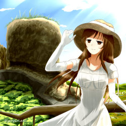 Rule 34 | 1girl, adjusting clothes, adjusting headwear, bad id, bad pixiv id, blue sky, breasts, brown eyes, brown hair, brown hat, closed mouth, cloud, cloudy sky, commentary request, day, dress, elbow gloves, gloves, half-closed eyes, hand up, hat, helena havel, horizon, landscape, large breasts, light smile, long hair, looking afar, nature, outdoors, railing, short sleeves, sky, solo, standing, sun hat, sundress, twitter username, ukagaka, white gloves, wind, wind lift