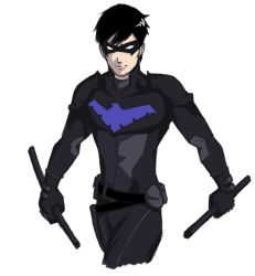 Rule 34 | 1boy, batman (series), belt, dc comics, dick grayson, domino mask, dual wielding, escrima stick, holding, male focus, mask, nightwing, solo, weapon, young justice: invasion