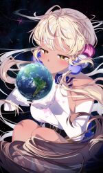 Rule 34 | 1girl, absurdres, blush, breasts, earth (planet), elbow gloves, gloves, hair ornament, highres, hololive, hololive english, kio is here, large breasts, leotard, light brown hair, long hair, looking at viewer, planet, planet hair ornament, solo, space, tsukumo sana, tsukumo sana (1st costume), twintails, virtual youtuber, white gloves, white leotard, yellow eyes