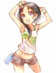 Rule 34 | 10s, 1girl, :o, aoki kei, armpits, arms up, black hair, bottle, hair ornament, hairclip, hato haru, highres, idolmaster, idolmaster cinderella girls, long hair, midriff, open fly, open mouth, panties, purple eyes, short shorts, shorts, simple background, solo, sweat, tan, tanline, trainer (idolmaster), underwear, unzipped, water bottle, white background, wristband