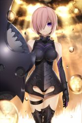 Rule 34 | 1girl, armor, armored dress, bad id, bad pixiv id, black dress, black thighhighs, breasts, dress, elbow gloves, fate/grand order, fate (series), fujimaru ritsuka (male), gauntlets, gloves, hair over one eye, large breasts, light rays, looking at viewer, mash kyrielight, purple eyes, purple hair, reflection, shield, short hair, smile, solo, standing, sunbeam, sunlight, takashima saki, thighhighs, water drop