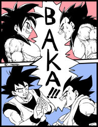 Rule 34 | 4boys, anger vein, body fur, clenched teeth, comic, commentary request, dougi, dragon ball, dragon ball gt, dragon ball super, dual persona, grin, large pectorals, male focus, multiple boys, muscular, muscular male, one eye closed, open mouth, pectorals, romaji text, senka-san, smile, son goku, super saiyan, super saiyan 4, sweatdrop, teeth, towel, towel around neck, translated, twitter username, vegeta, wristband