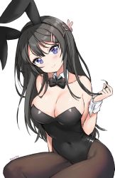 Rule 34 | 10s, 1girl, animal ears, artist name, bare arms, bare shoulders, black hair, black hairband, black leotard, black pantyhose, bow, bowtie, breasts, cleavage, collarbone, covered navel, detached collar, fake animal ears, hair between eyes, hair ornament, hairband, hairclip, head tilt, highres, holding, holding own hair, large breasts, leotard, long hair, looking at viewer, moorina, pantyhose, playboy bunny, purple eyes, rabbit ears, rabbit hair ornament, sakurajima mai, seishun buta yarou, sidelocks, simple background, sitting, smile, solo, strapless, strapless leotard, white background, wrist cuffs