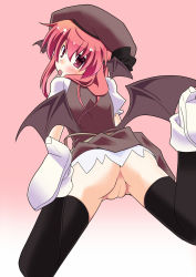 Rule 34 | 1girl, animal ears, ass, bad id, bad pixiv id, bat wings, black thighhighs, blush, brown dress, candy, dress, embodiment of scarlet devil, female focus, food, from behind, hat, high heels, highres, hujikok, koakuma, lollipop, looking back, mouth hold, no panties, pussy, red eyes, red hair, shoes, solo, spread legs, thighhighs, touhou, uncensored, upskirt, wings