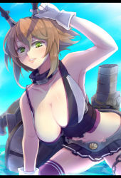 Rule 34 | 10s, 1girl, bare shoulders, blue sky, breasts, brown hair, cleavage, collarbone, cowboy shot, day, female focus, gloves, green eyes, hanging breasts, headgear, kantai collection, large breasts, letterboxed, lips, looking at viewer, mecha musume, microskirt, midriff, mutsu (kancolle), navel, outdoors, parted lips, partially submerged, pleated skirt, short hair, skirt, sky, sleeveless, smile, solo, thighhighs, wading, water, white gloves, yude
