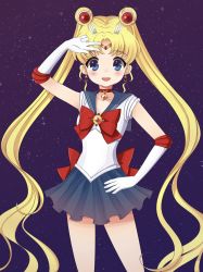 Rule 34 | 10s, 1girl, bishoujo senshi sailor moon, bishoujo senshi sailor moon crystal, blue background, blue sailor collar, blue skirt, bow, brooch, choker, circlet, double bun, earrings, elbow gloves, gloves, hair bun, hair ornament, hairclip, jewelry, long hair, looking at viewer, open mouth, parted bangs, red bow, rimmari, sailor collar, sailor moon, skirt, sky, solo, star (sky), star (symbol), star earrings, starry sky, teeth, tsukino usagi, twintails, very long hair, white gloves
