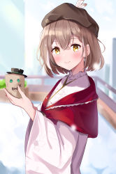 Rule 34 | 1girl, absurdres, bag, beret, blurry, blurry background, brown eyes, brown hair, brown hat, crossed bangs, earrings, floral print, hat, hat feather, highres, holding, holding bag, hololive, hololive english, japanese clothes, jewelry, kimono, looking at viewer, multicolored hair, nanashi mumei, nanashi mumei (new year), official alternate costume, outdoors, paper bag, red shawl, setsu74603461, shawl, short hair, single earring, smile, streaked hair, sunlight, virtual youtuber, white kimono, wide sleeves